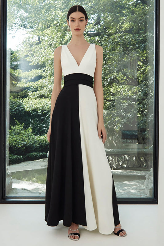Black and White Patchwork V-Neck A Line Long Formal Dress