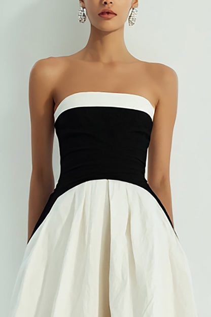 Simple Black and White  A Line Strapless Long Formal Dress