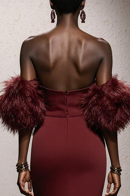 Burgundy Sweetheart Satin Mermaid Long Pageant Dress with Feathers