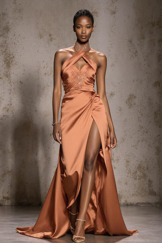Sparkly Orange Halter Satin Mermaid Long Pageant Dress with Beading