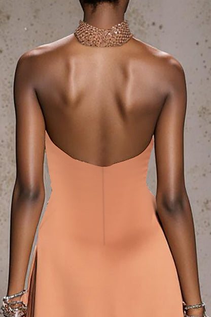 Sparkly Orange Halter Satin Mermaid Long Pageant Dress with Beading