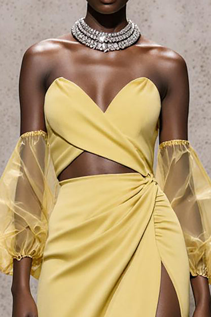 Daffodil Sweetheart Satin Mermaid Long Pageant Dress with Sleeves