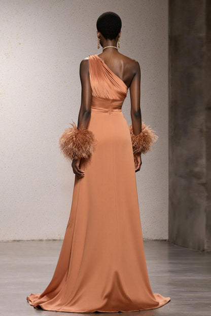 Orange One Shoulder Satin Mermaid Long Pageant Dress with Feathers
