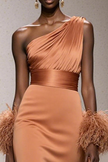 Orange One Shoulder Satin Mermaid Long Pageant Dress with Feathers