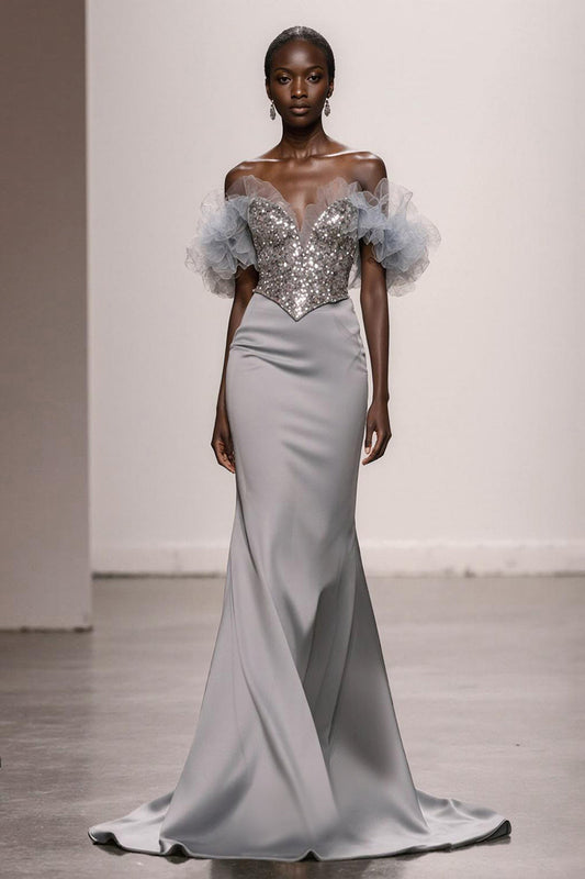 Mermaid Off the Shoulder Ruffles Silver Sequin Pageant Dress