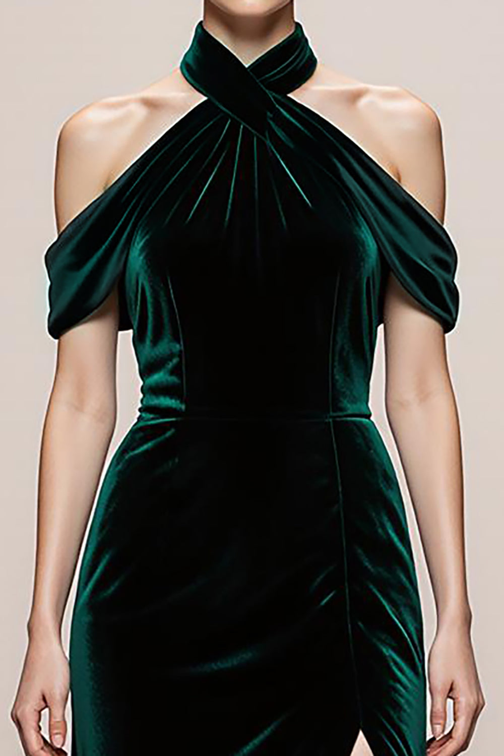 Dark Green A-Line Halter Velvet Long Evening Dress with Slit