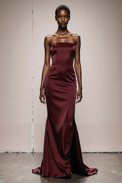 Mermaid Burgundy Strapless Satin Evening Dress with Slit