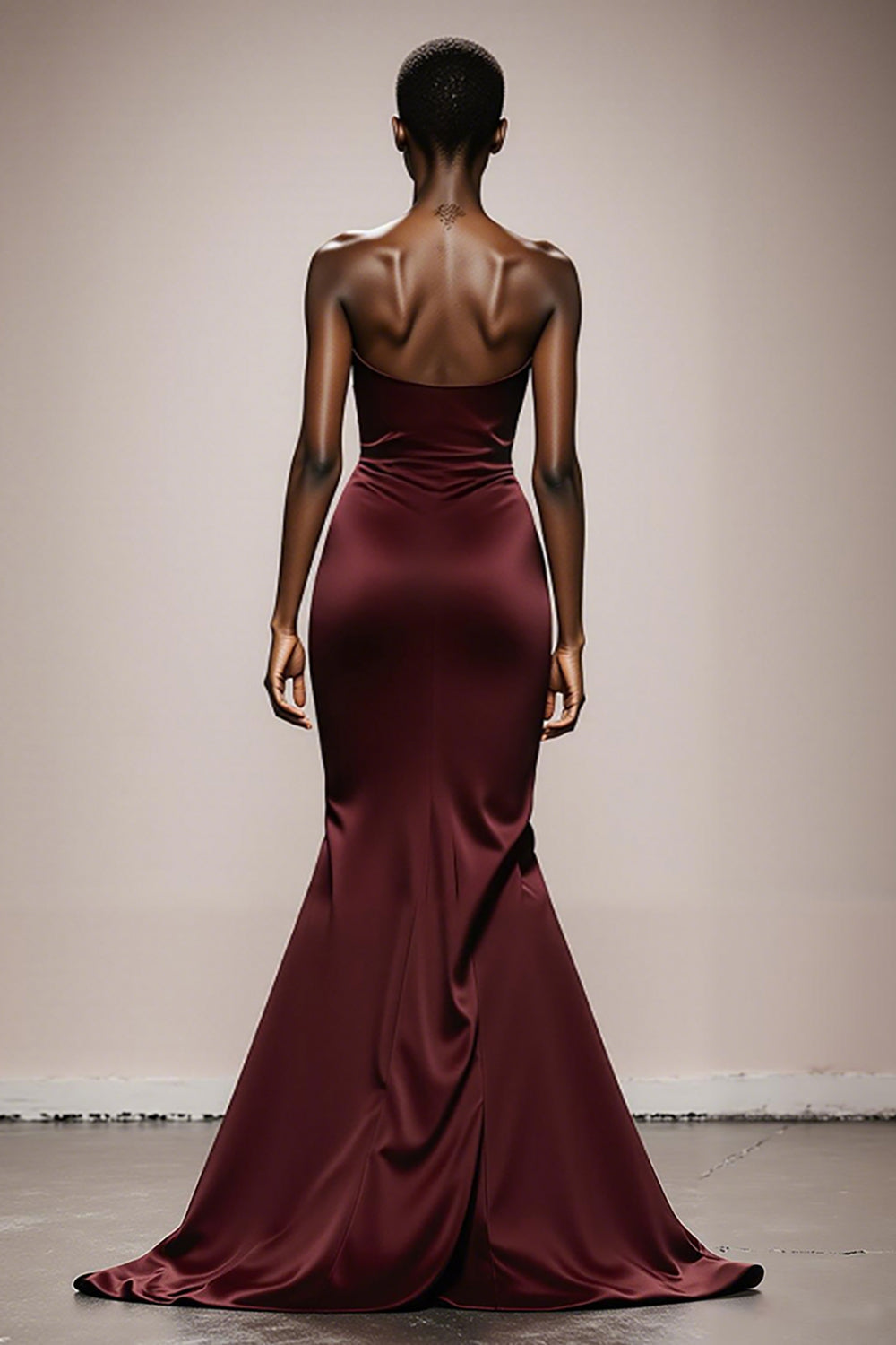 Mermaid Burgundy Strapless Satin Evening Dress with Slit