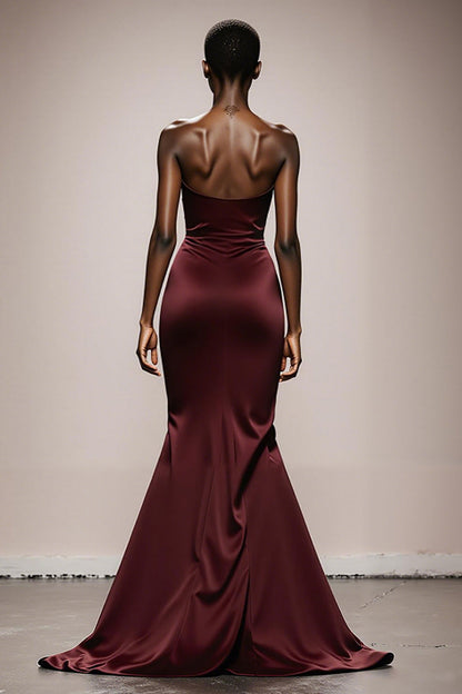 Mermaid Burgundy Strapless Satin Evening Dress with Slit