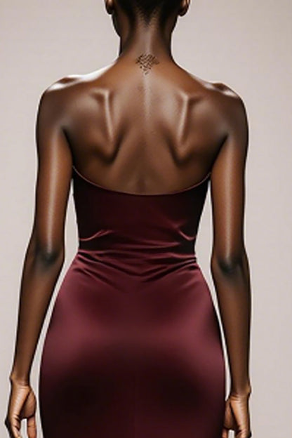 Mermaid Burgundy Strapless Satin Evening Dress with Slit