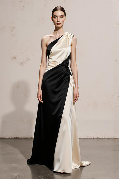 Black and White A-Line One Shoulder Satin Long Evening Dress