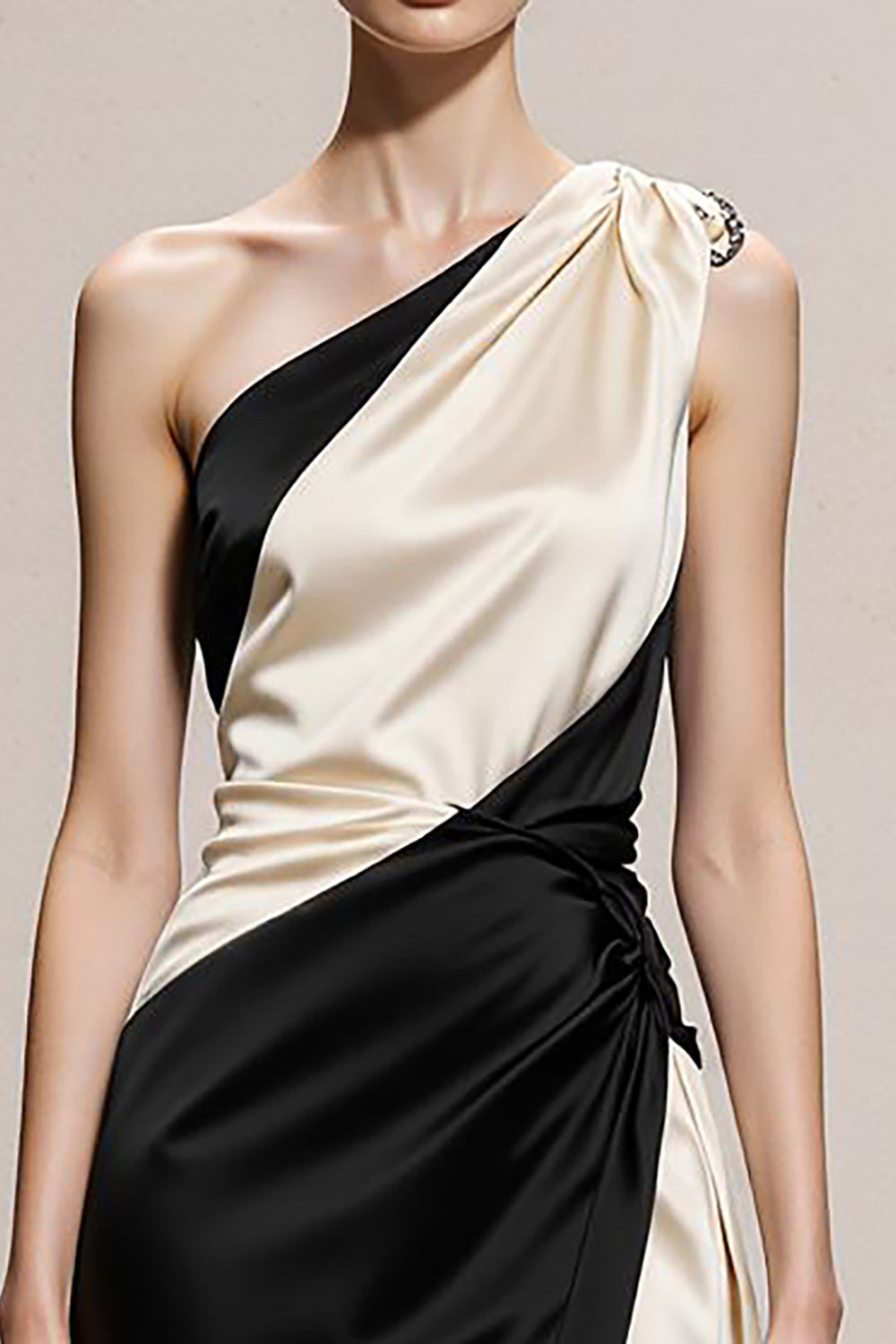 Black and White A-Line One Shoulder Satin Long Evening Dress