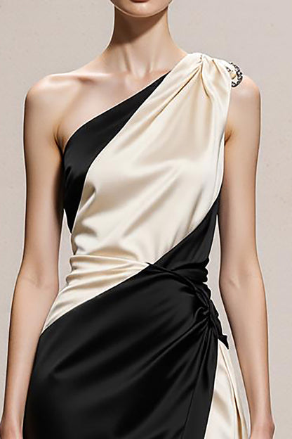 Black and White A-Line One Shoulder Satin Long Evening Dress