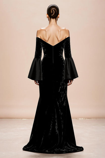 Black Mermaid Off the Shoulder Velvet Evening Dress With Slit
