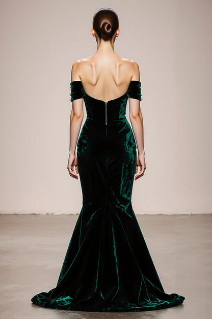 Dark Green Off the Shoulder Mermaid Velvet Evening Dress