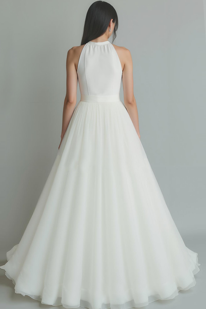 White A Line Organza Bow Crew Neck Long Wedding Dress with Keyhole