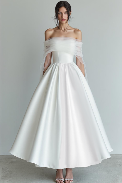 White A Line Off The Shoulder Long Wedding Dress with Tulle