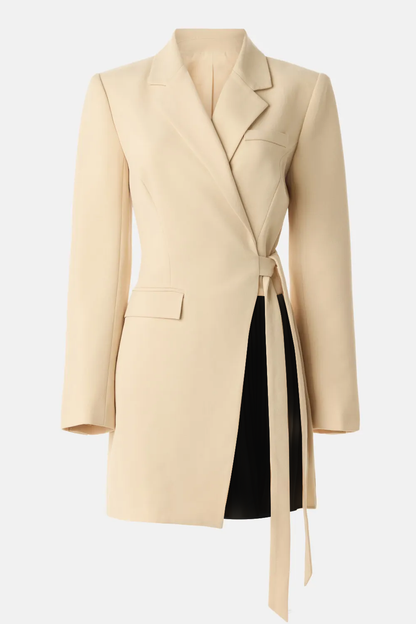 Champagne and Black A Line Notched Lapel Long Sleeves Short Work Dress with Sash