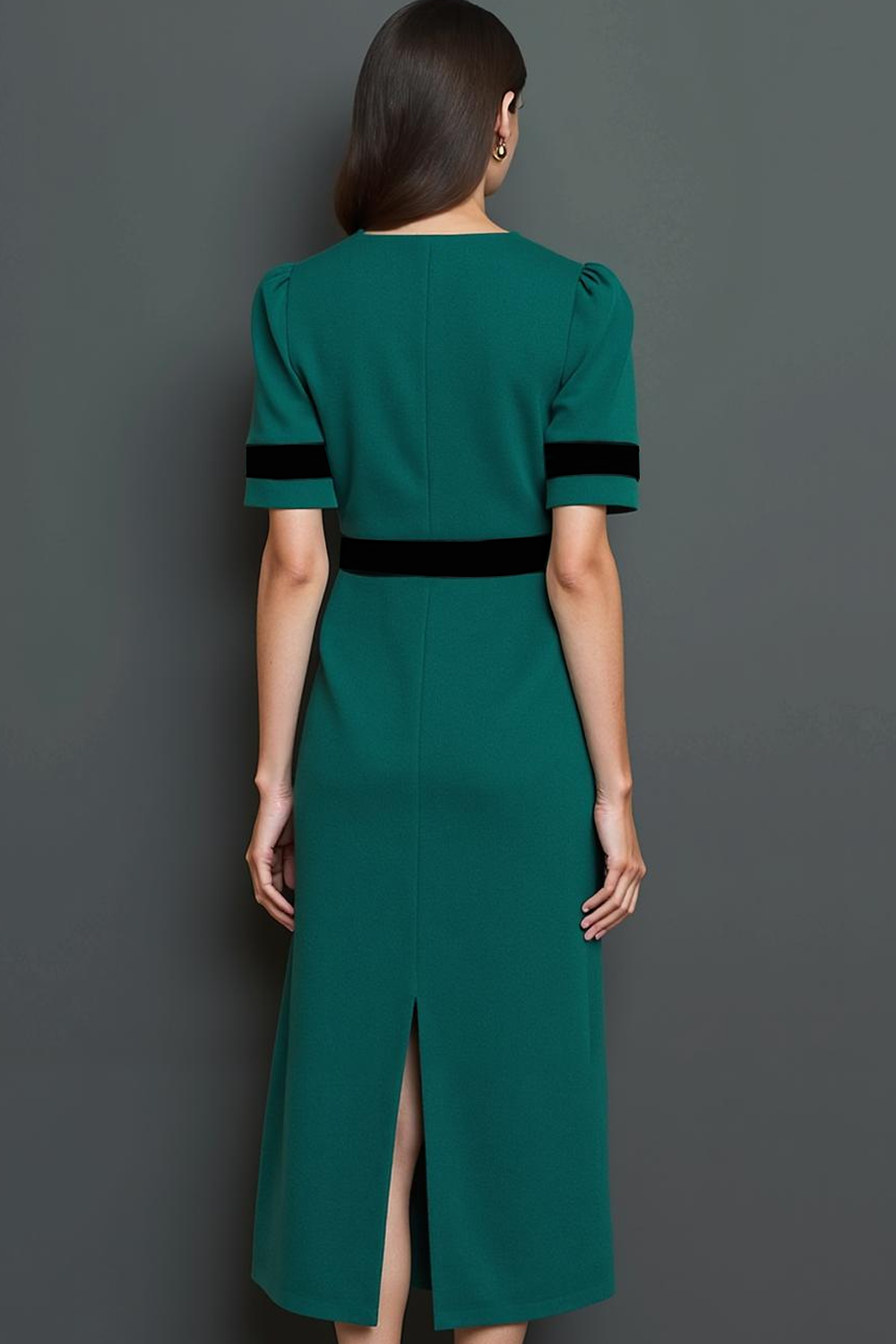 Dark Green A Line Short Sleeves Long Work Dress with Buttons