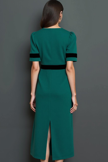 Dark Green A Line Short Sleeves Long Work Dress with Buttons