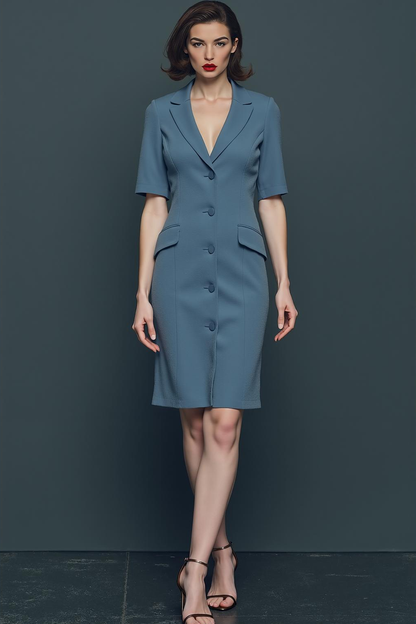 Dusty Blue Pencil Single Breasted Notched Lapel Midi Work Dress with Sleeves