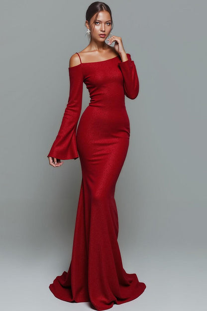 Red Cold Shoulder Mermaid Long Formal Dress with Sleeves