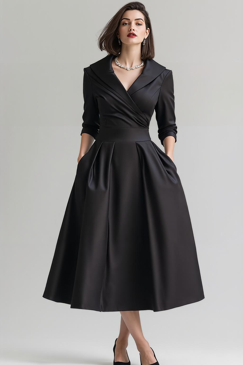 Black Satin A Line Shawl Lapel Work Dress with Pockets