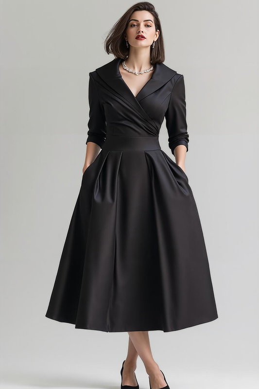 Black Satin A Line Shawl Lapel Work Dress with Pockets