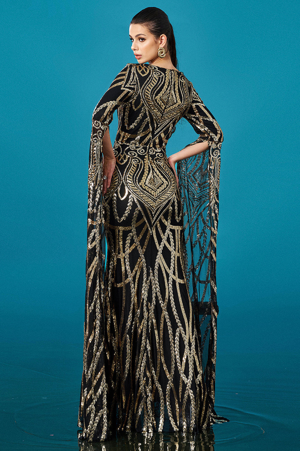 Black Golden Mermaid Long Sleeves Sequin Formal Dress