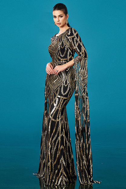 Black Golden Mermaid Long Sleeves Sequin Formal Dress