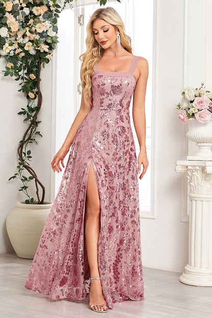 Blush A Line Thick Straps Floral Long Prom Dress with Slit