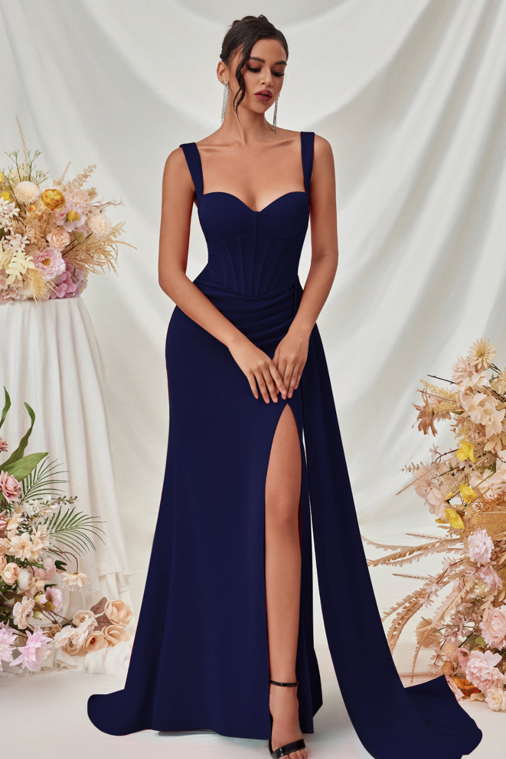 Maxi Thick Straps Mermaid Black Prom Dress with Slit