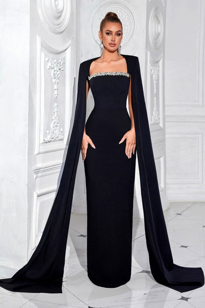 Black Sheath Long Prom Dress with Cape