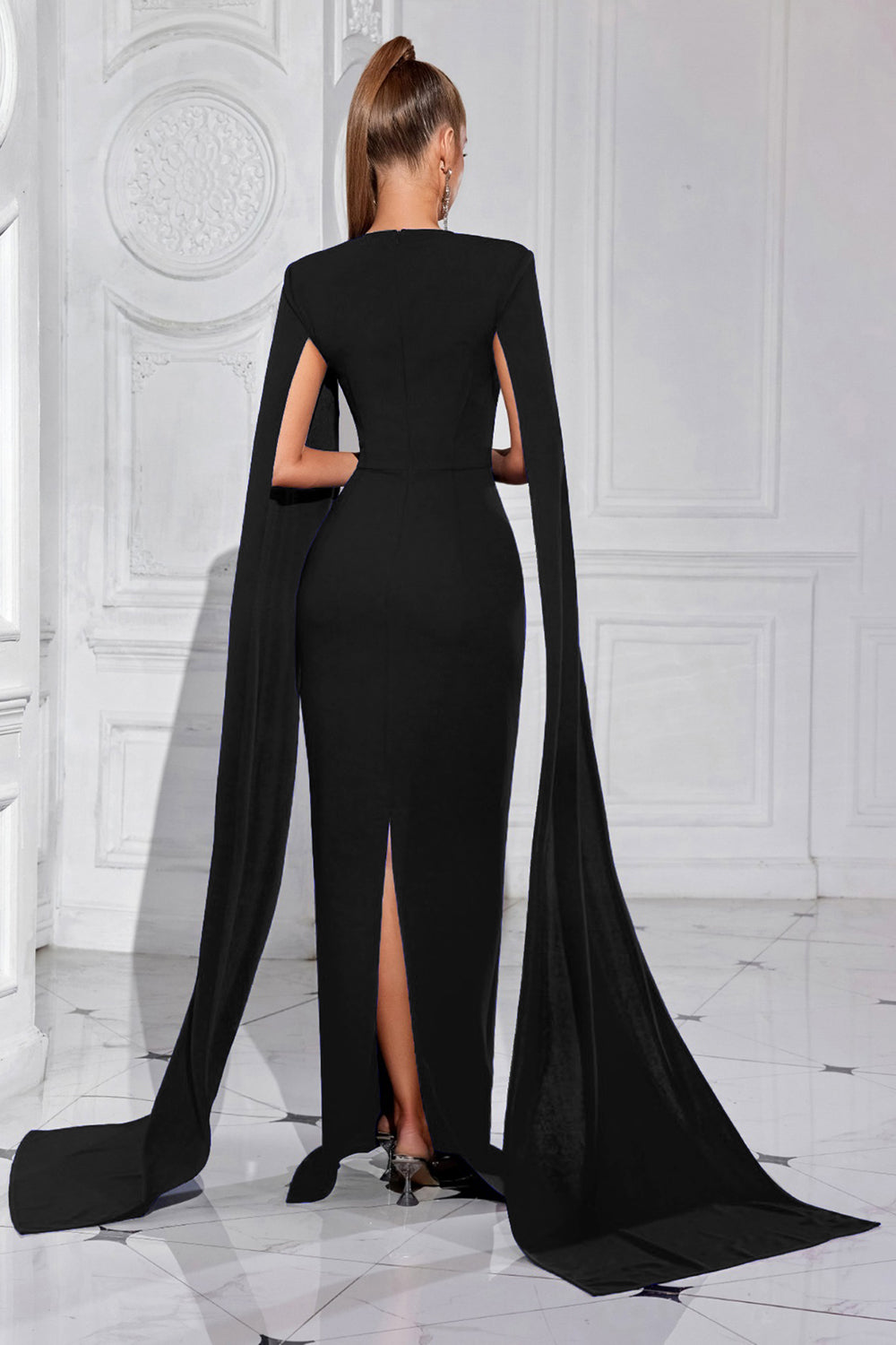 Black Sheath Long Prom Dress with Cape