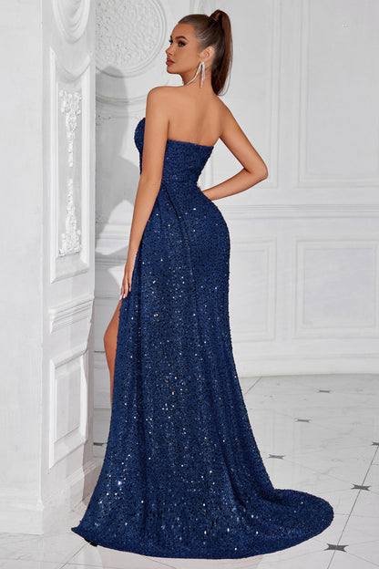 Sparkly Burgundy Sequins Sweetheart Mermaid Long Prom Dress with Slit