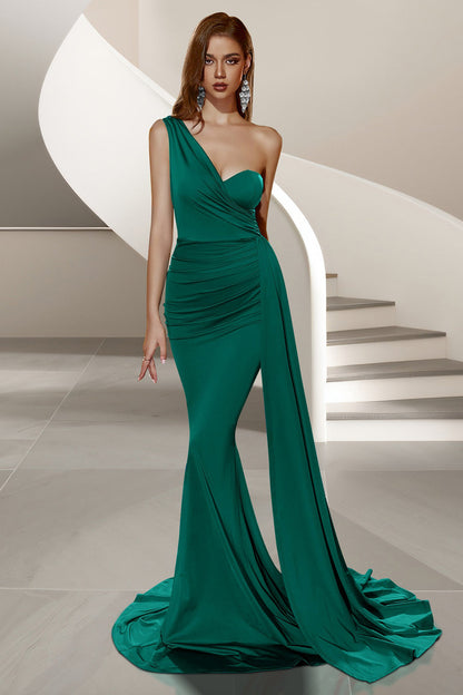 Mermaid Dark Green One Shoulder Sweep Train Prom Dress