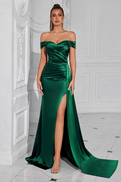 Mermaid Off the Shoulder Dark Green Ruched Slit Prom Dress