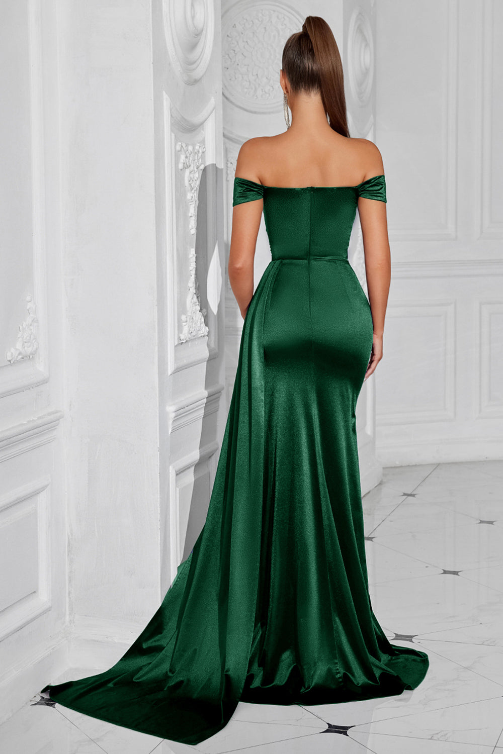 Mermaid Off the Shoulder Dark Green Ruched Slit Prom Dress