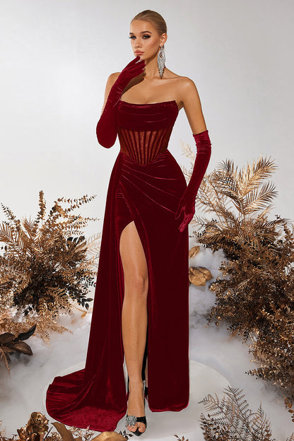 Black Bateau Sheath Corset Velvet Prom Dress with Slit