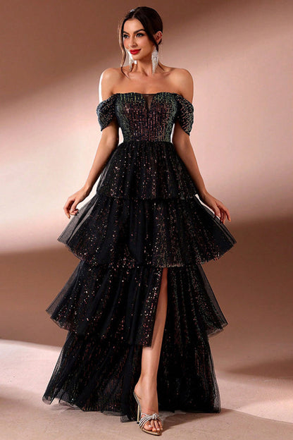 Sparkly Black Off the Shoulder Sequins Tiered Porm Dress with Slit