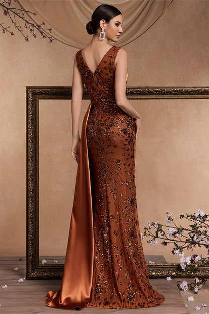 Brown Mermaid V Neck Sequin Formal Dress with Side Streamer