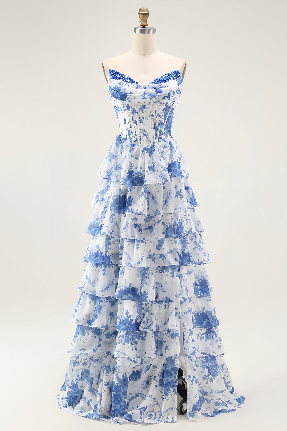 Blue White Flower A-Line Tiered Corset Long Prom Dress with Slit