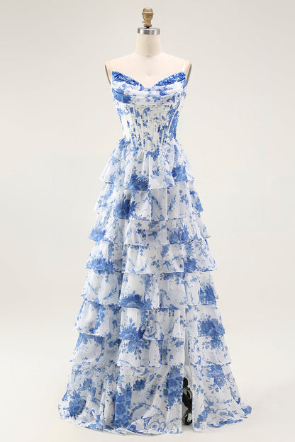 Blue White Flower A-Line Tiered Corset Long Prom Dress with Slit