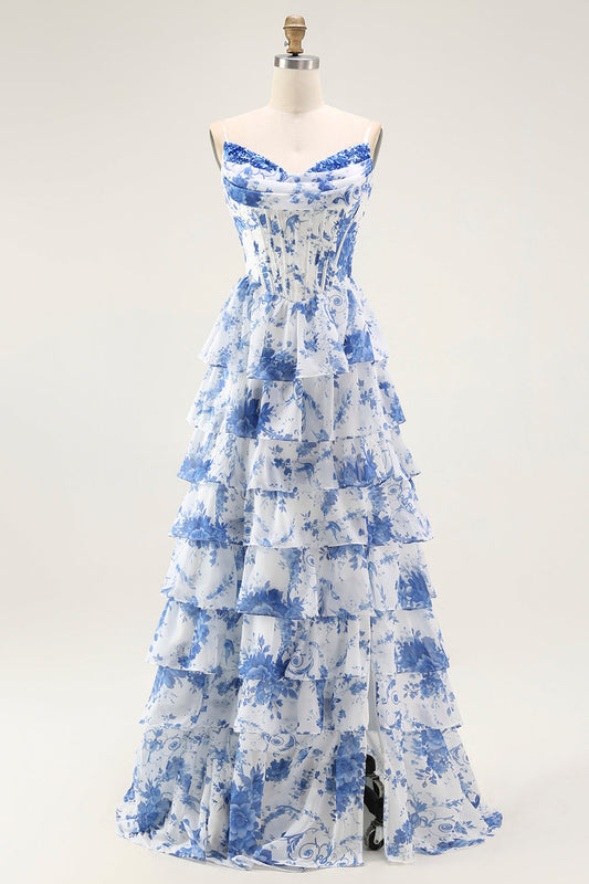 Blue White Flower A-Line Tiered Corset Long Prom Dress with Slit