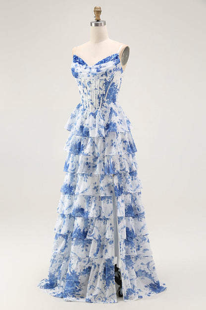 Blue White Flower A-Line Tiered Corset Long Prom Dress with Slit