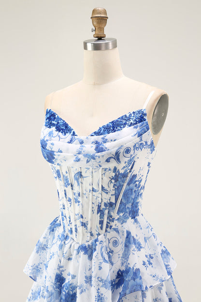 Blue White Flower A-Line Tiered Corset Long Prom Dress with Slit