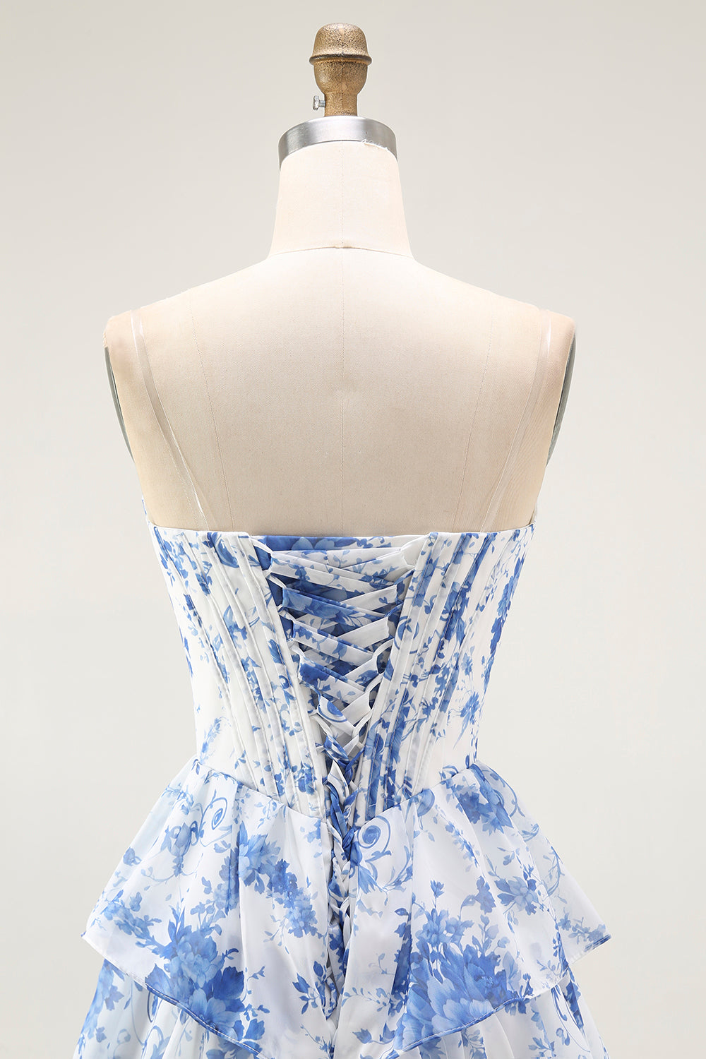 Blue White Flower A-Line Tiered Corset Long Prom Dress with Slit