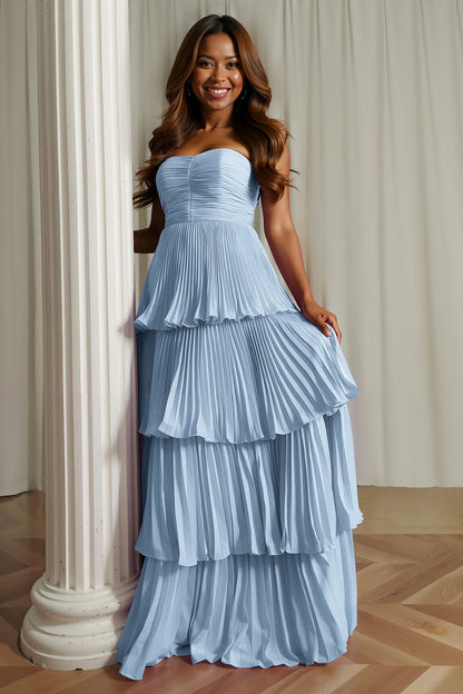 Dusty Blue Strapless A-Line Pleated Tiered Bridesmaid Dress