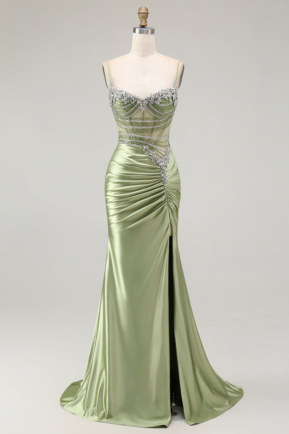 Green Mermaid Corset Ruched Satin Prom Dress with Slit