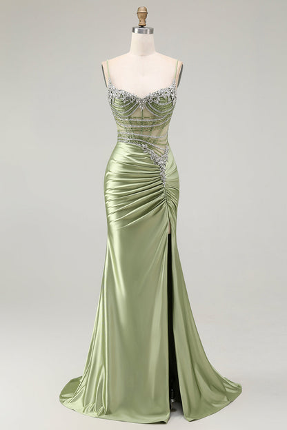 Green Mermaid Corset Ruched Satin Prom Dress with Slit